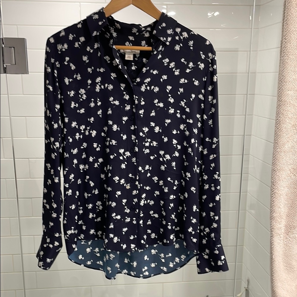 Nordstrom Signature Silk Blue Button Down Blouse with Mandarin Collar